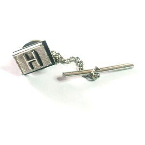 Vintage Swank Initial Monogram Letter H Silver-Tone Tie Tack With Chain & Bar